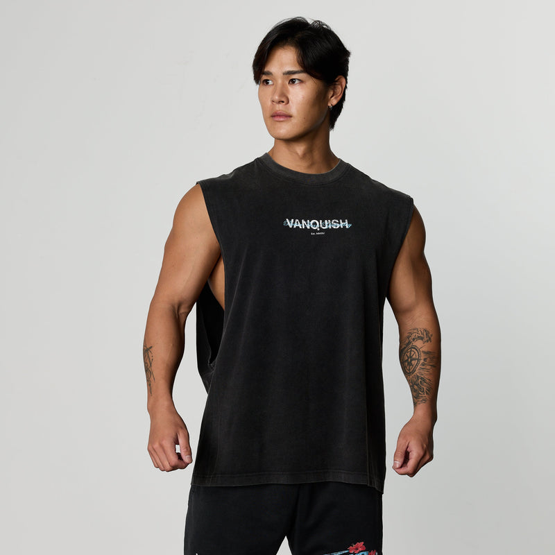 MY FIRST STORY 黒金　ノースリーブTシャツ VANQUISH FITNESS Hibiscusモデル ブラック ボクシー ノースリーブTシャツ