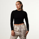 WOMENS BLACK  MIDI LONG SLEEVE RIBBED T SHIRT 1枚目の画像