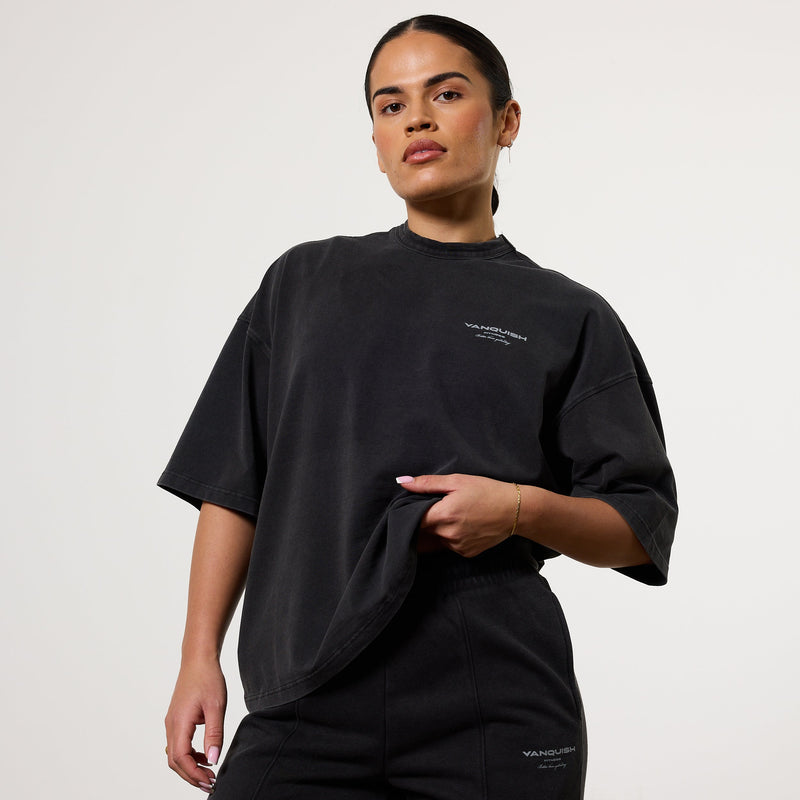 Vanquish Ladies Washed Black Oversized T-Shirt 1枚目の画像