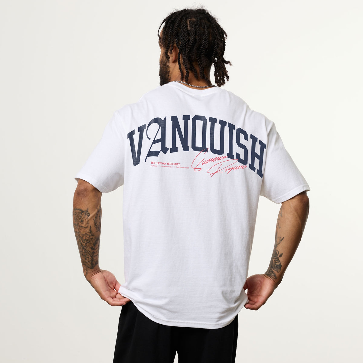 VANQUISH FITNESS Revolveモデル サマーレジーム ホワイト&レッド オーバーサイズTシャツ