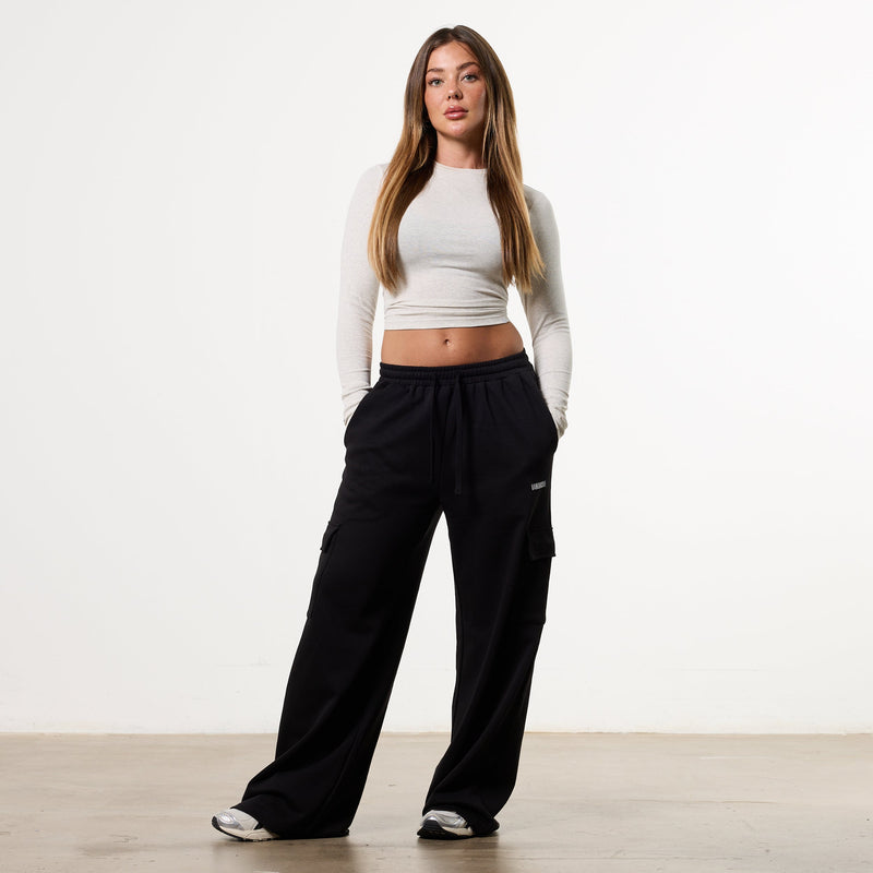 WOMENS ESSENTIAL BLACK CARGO STRAIGHT LEG SWEATPANTS 4枚目の画像