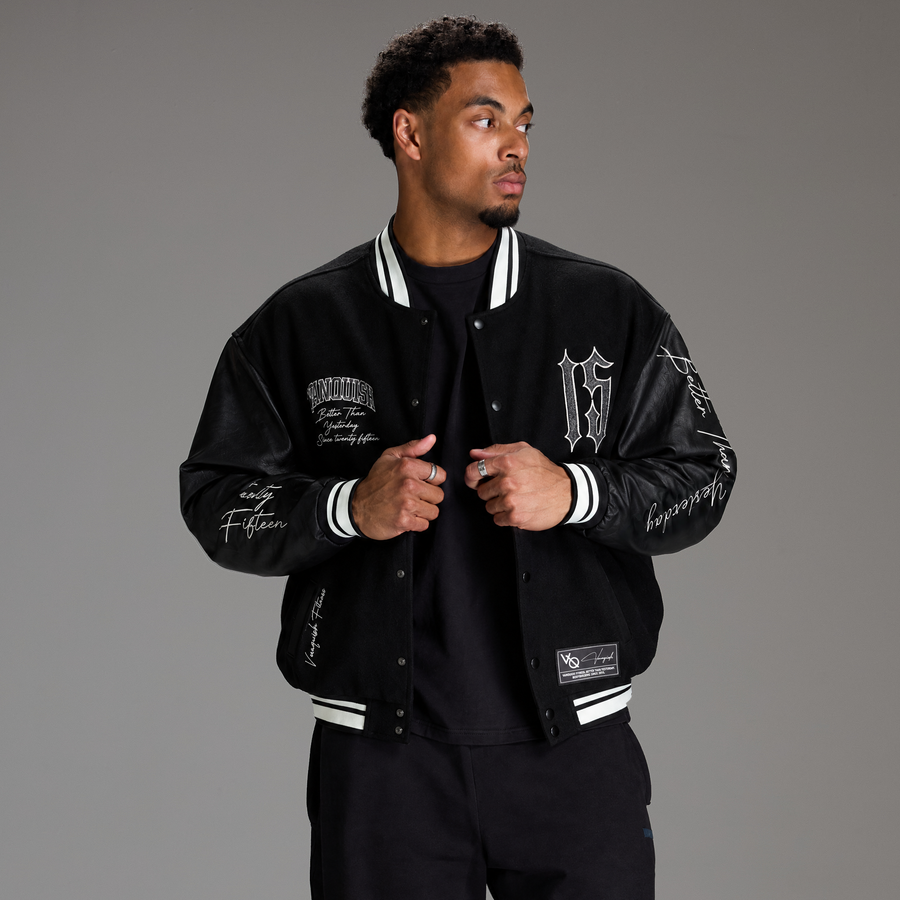 VARSITY BLACK OVERSIZED BOMBER JACKET 1枚目の画像