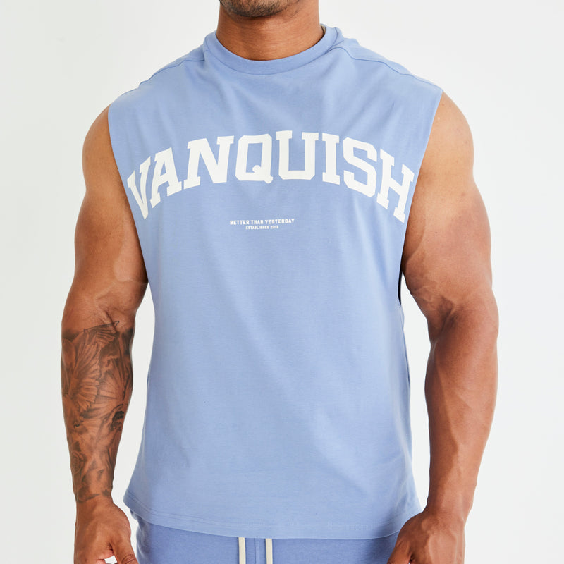 Vanquish Washed Blue Varsity Oversized Sleeveless T Shirt 1枚目の画像
