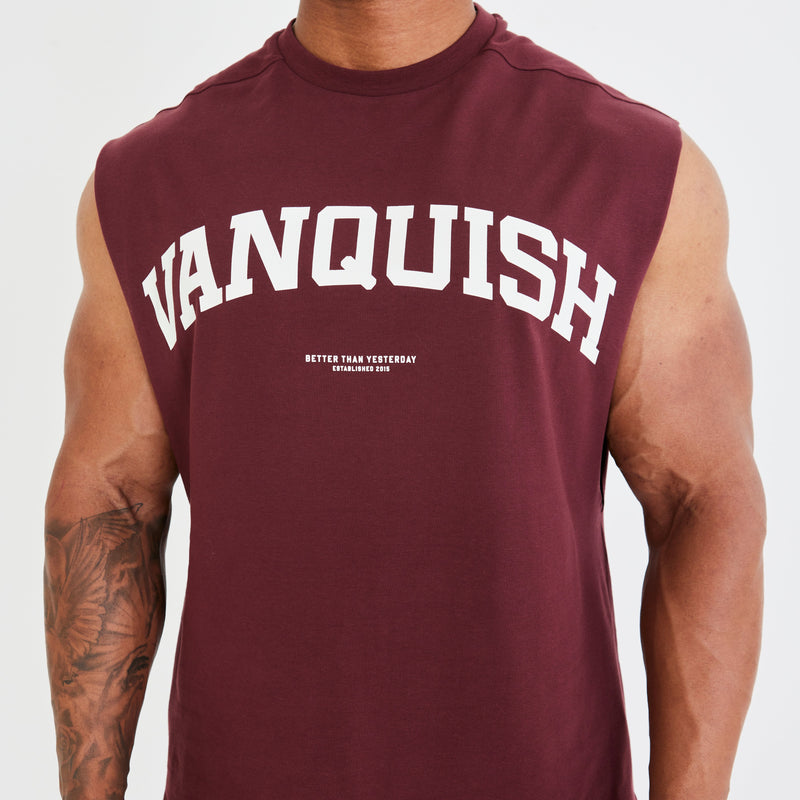 Vanquish Dark Burgundy Varsity Oversized Sleeveless T Shirt 1枚目の画像